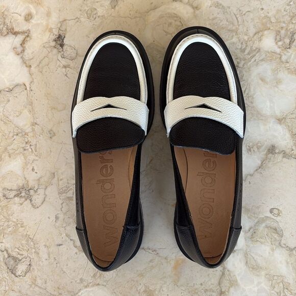New! WONDERS B-9104 Wild Leather Loafers Black & White - Picture 7 of 10